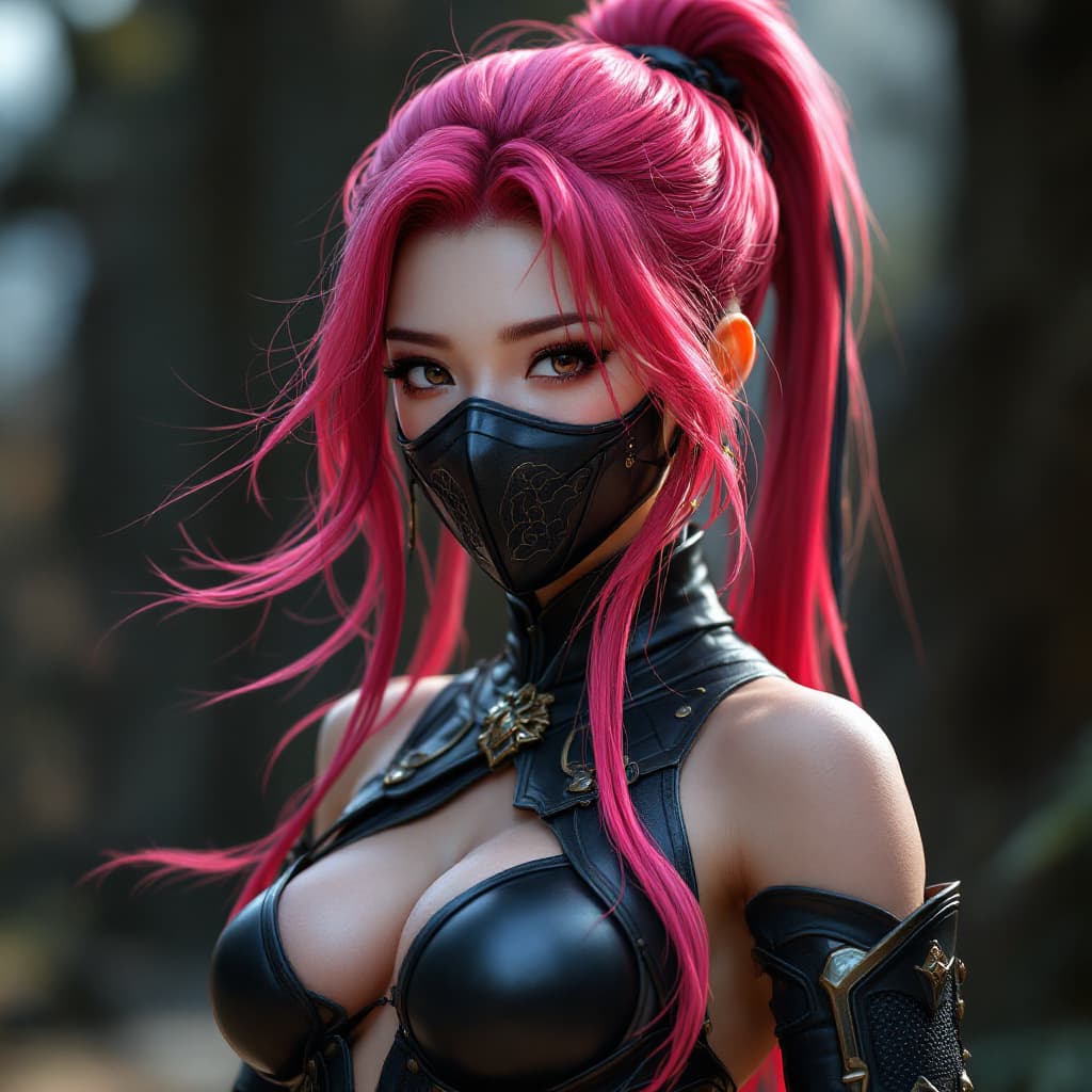AI generated: Pretty Chinese Girl with magenta colored hair, mask, thick hide armor, hyperrealism, full body with ...
