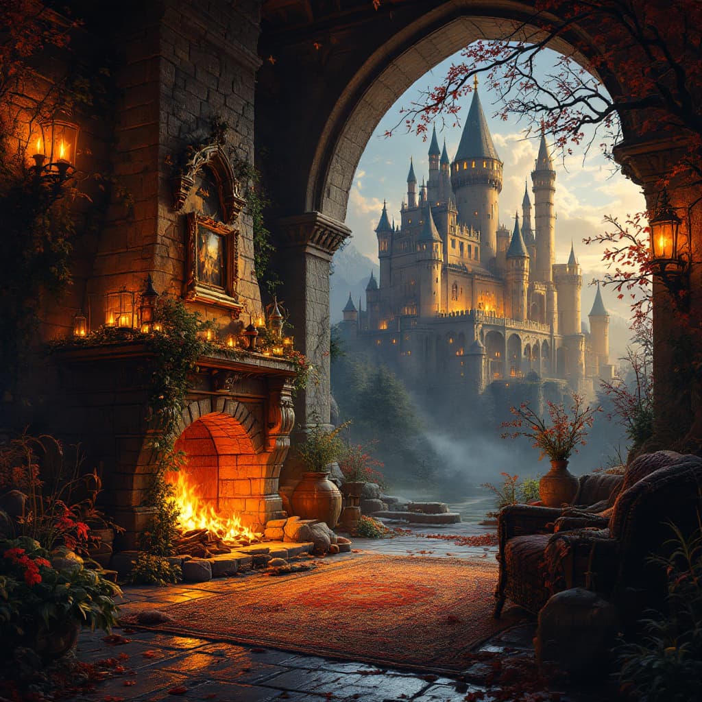 AI generated: high resolution inside of castle. warm, peaceful. fireplace. hyper realistic