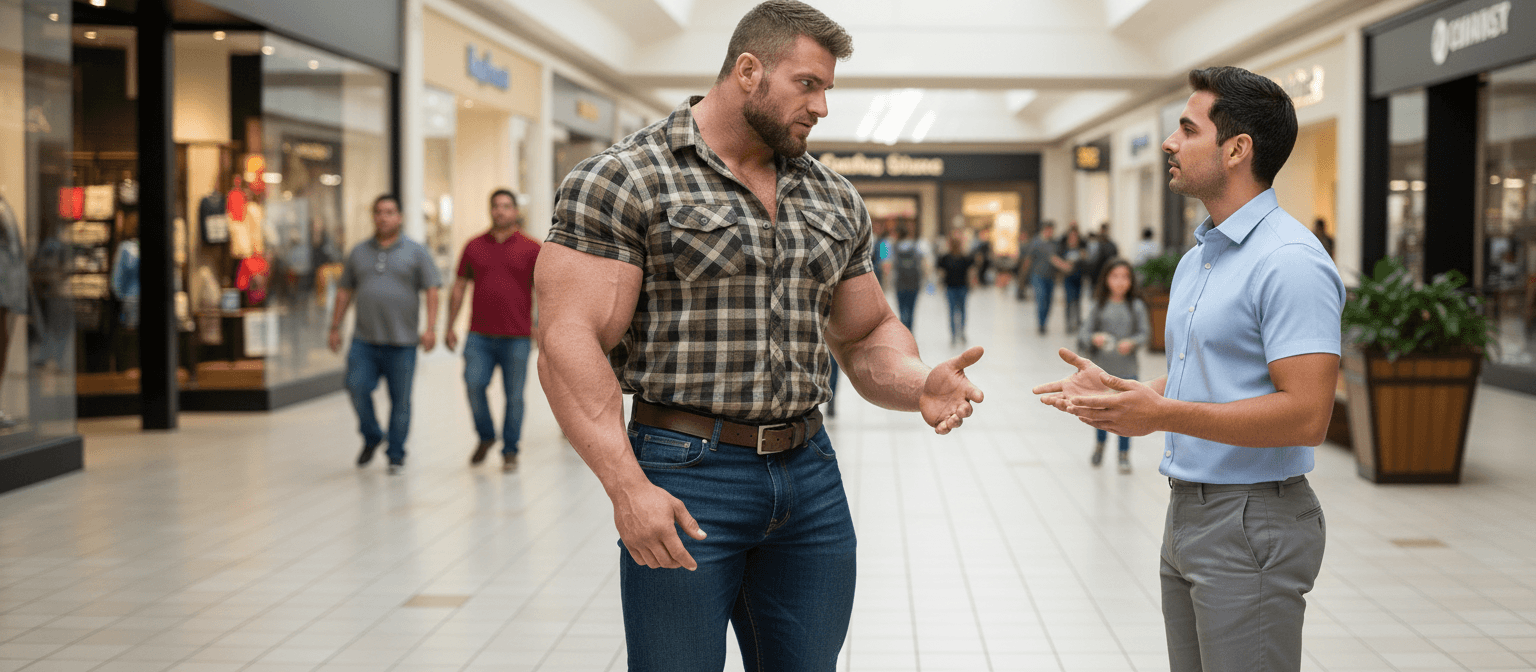 AI generated: the bodybuilder is 6'4" tall, he has huge muscular shoulders and extra huge muscular legs. He is wea...