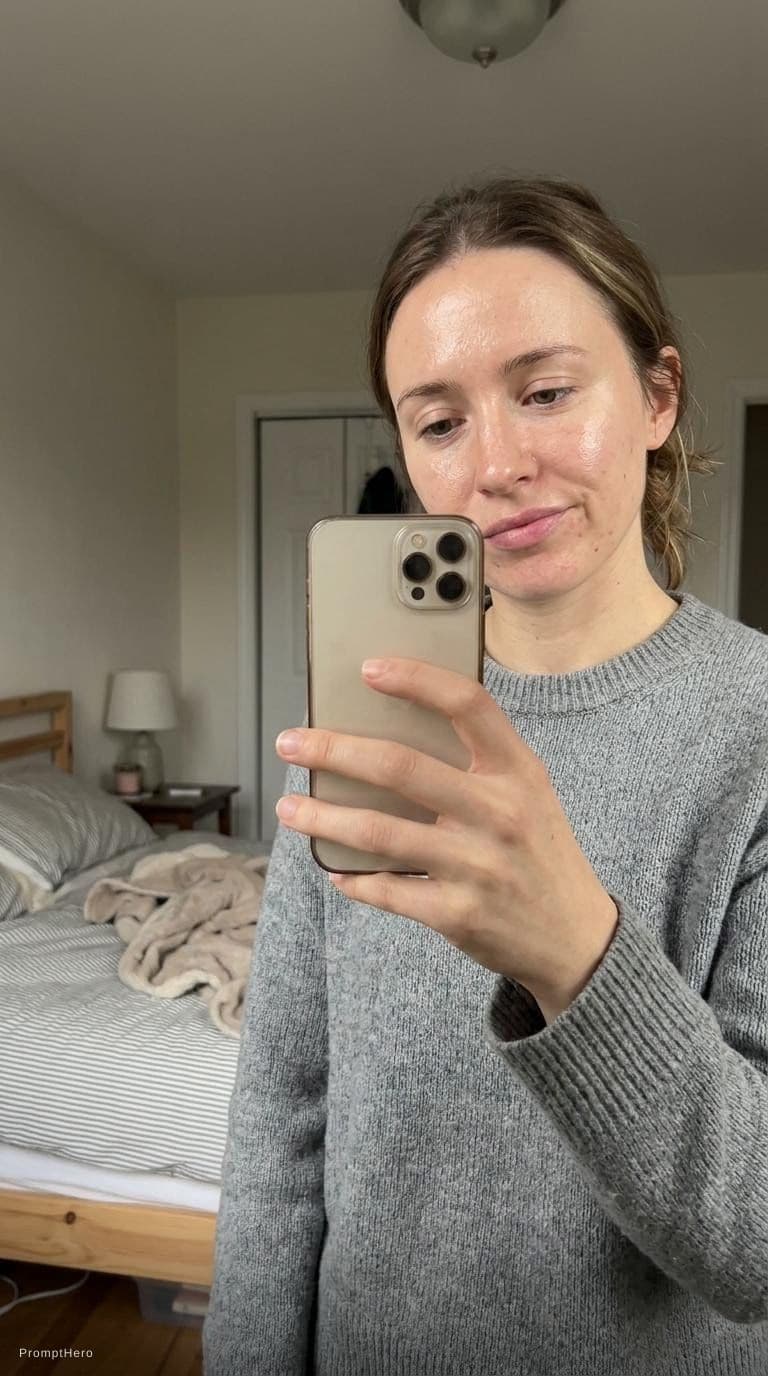 AI generated: A realistic mirror selfie video recorded on an iPhone of a woman standing in a softly lit bedroom. S...
