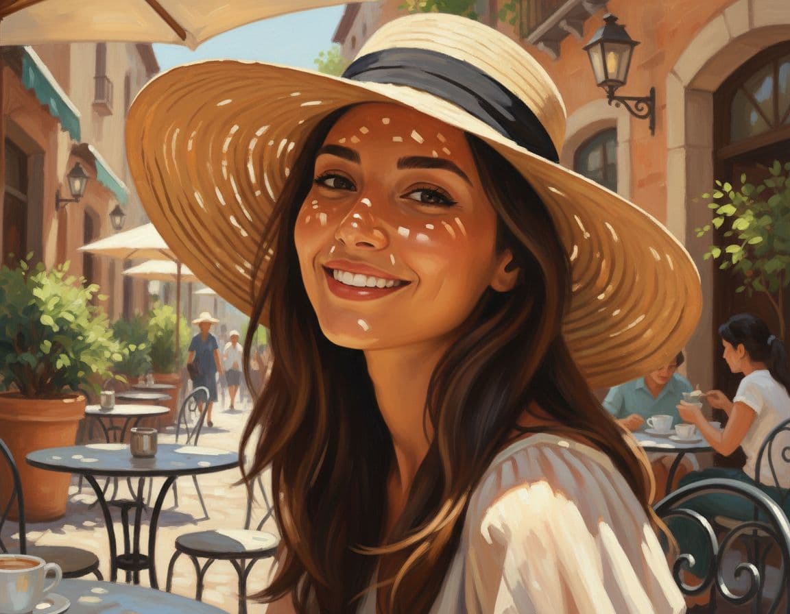 AI generated: (oil painting on canvas 1.2), portrait of a pretty brunette, sweet smile, ((wide-brimmed hat closes ...