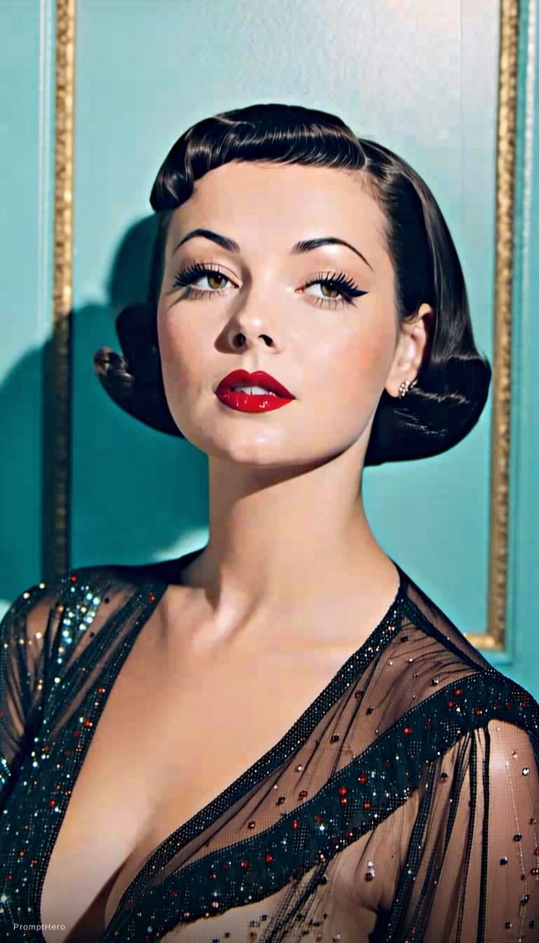 AI generated: analog color film photograph of a 1920s flapper girl, luxurious, opulence, short black hair, red lip...