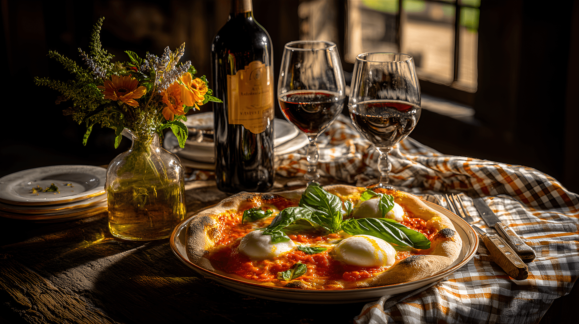 AI generated: food photography of an A vibrant and colorful Italian dinner scene showcasing a Margherita pizza on ...