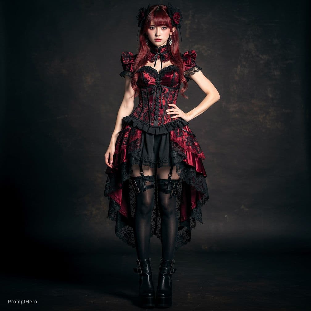 AI generated: A full body picture of Lolita Goth in a lace, red with black corset and red with black, lace underwe...