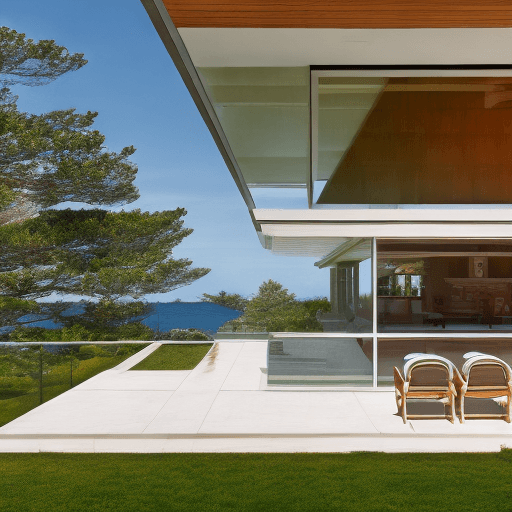AI generated: Hyper realistic eye level exterior photo of a mid century modern style house overlooking the ocean, ...