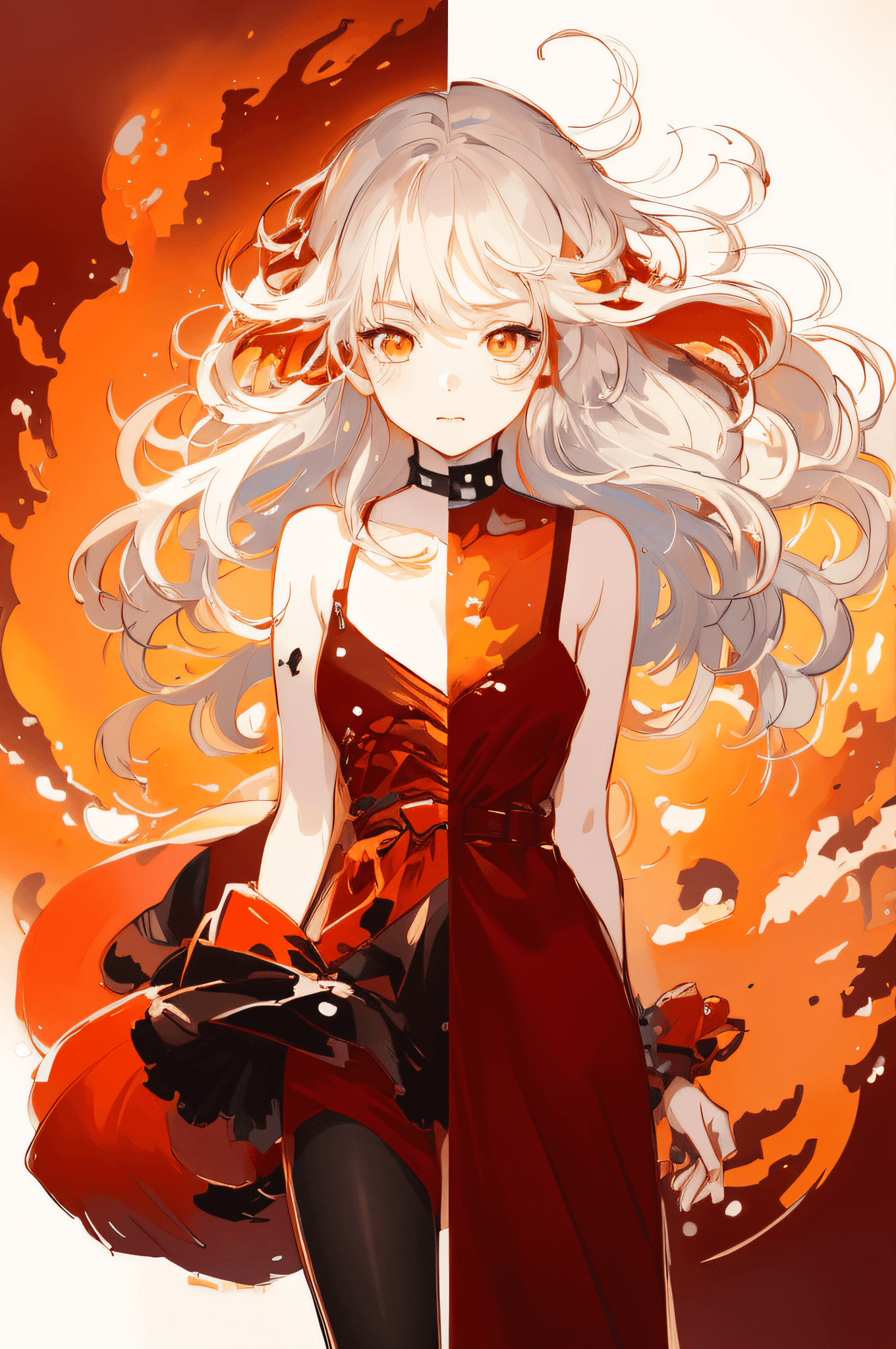 AI generated: anime girl with long white hair and red dress standing in front of a red and orange background, anim...