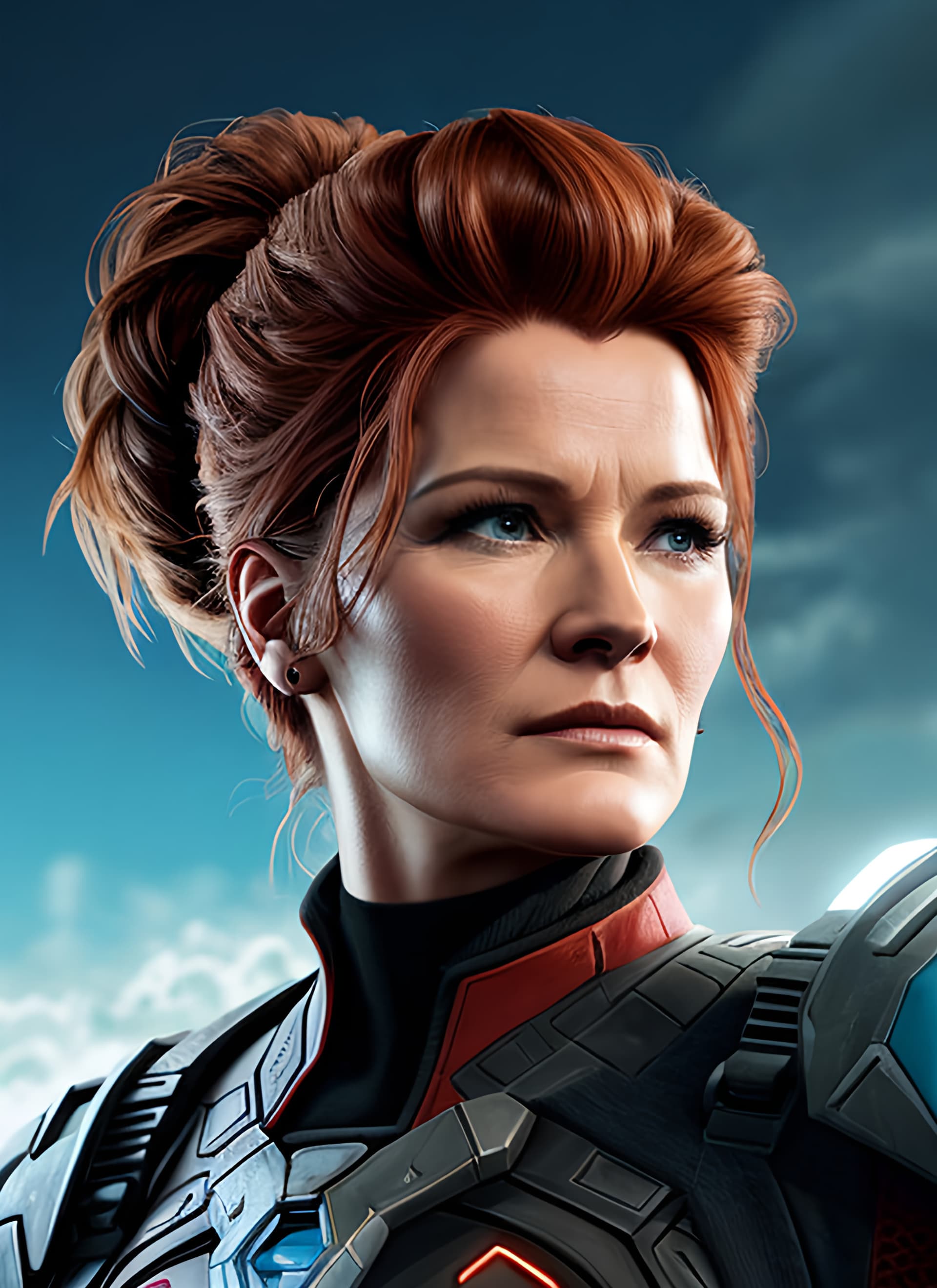 AI generated: A detailed vivid beautiful poster portrait of Captain Janeway star trek voyager cyberpunk version st...