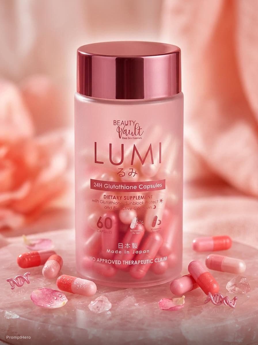 AI generated: Ad campaign of Lumi gluta capsule. Pink edition Product photo --v 5.1 --ar 3:4