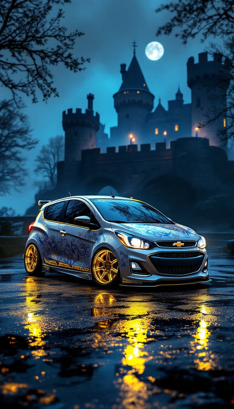 AI generated: A photo realistic 2017 Chevrolet spark from a front side view. The car is lowered, a metallic white ...