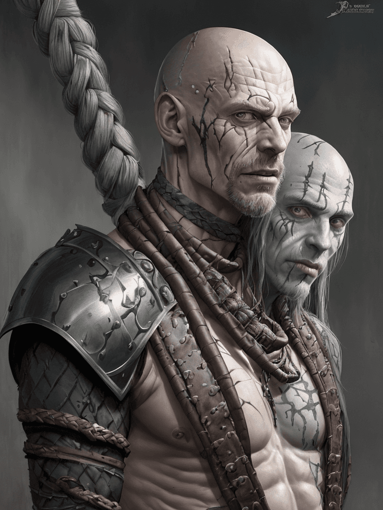 AI generated: ugly one eyed Caucasian man with grey skin, covered in scars, scarring, muscular, wearing leather ar...
