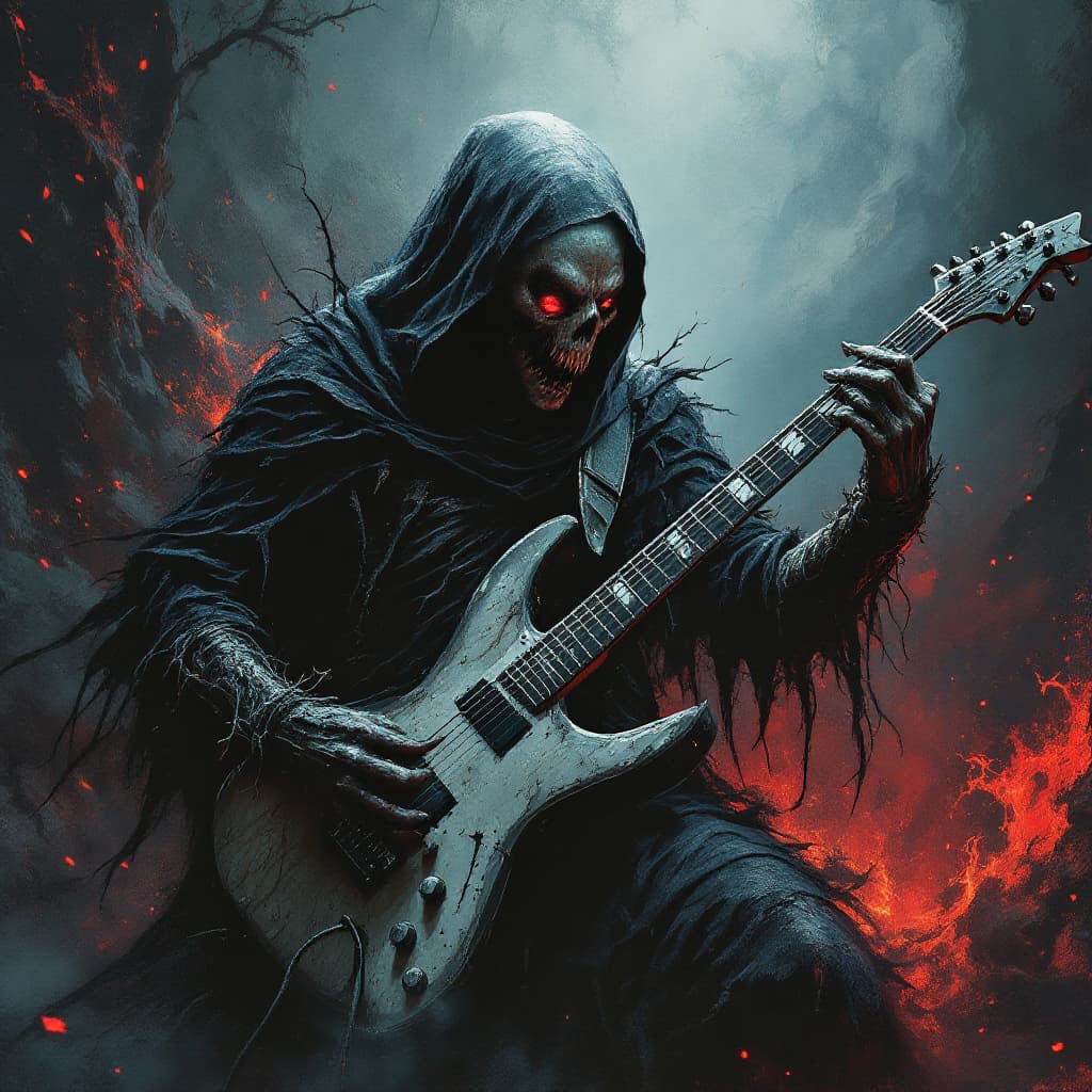 AI generated: Album coverart, scary horrific demonic character , he looks like the Grimm Reaper, playin electric g...