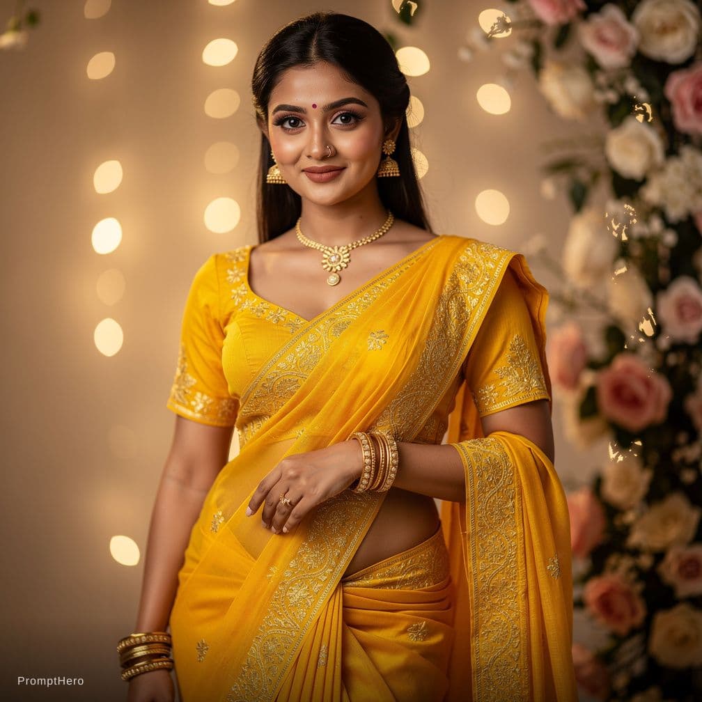 AI generated: 1girl, saree, indian dress, blouse, yellow saree, huge breast, sexy milf, navel, cute face, 8k, sedu...