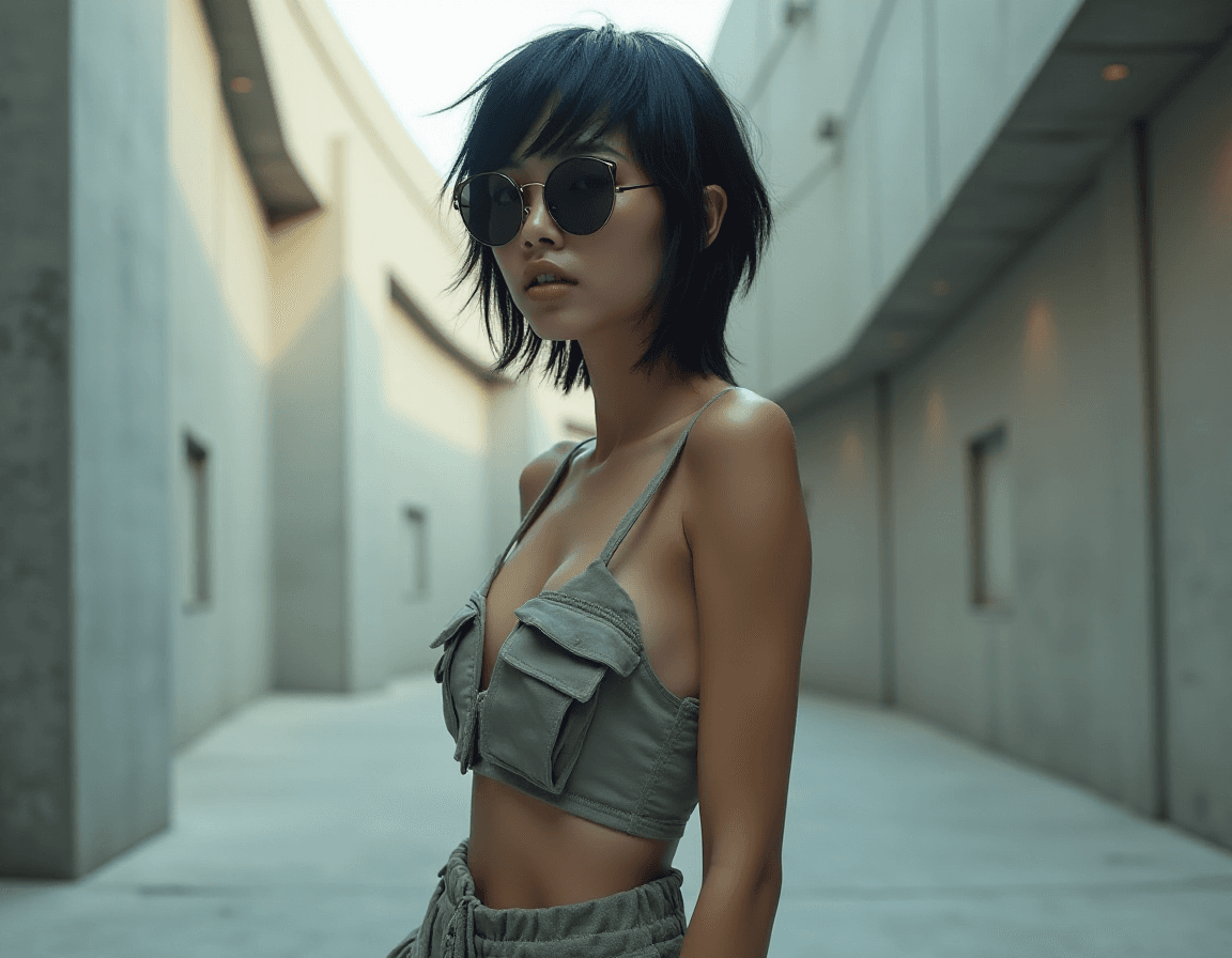 AI generated: High fashion photo of a slim, small breast, flat chest, abs, young asian female supermodel, with sho...