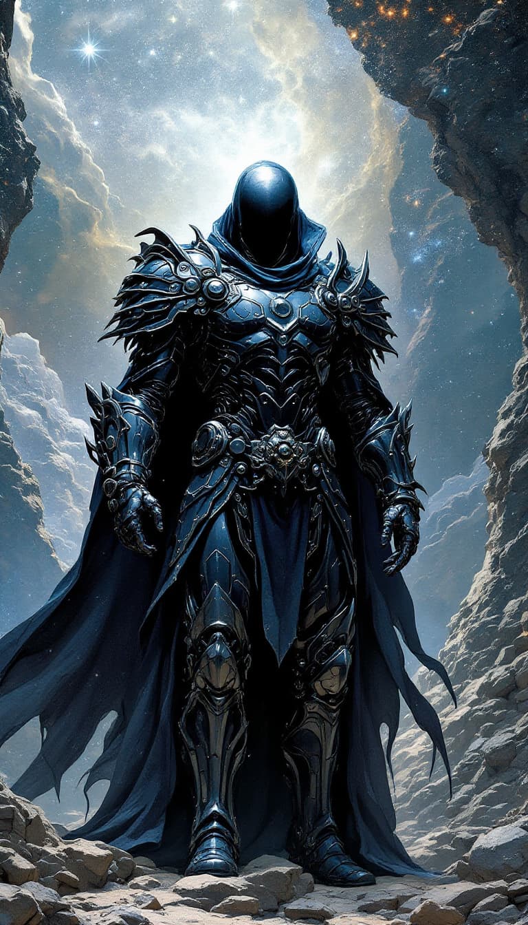 AI generated: An epic digital wallpaper of a powerful cyborg mage in shimmering black armor, solitary, no face, el...