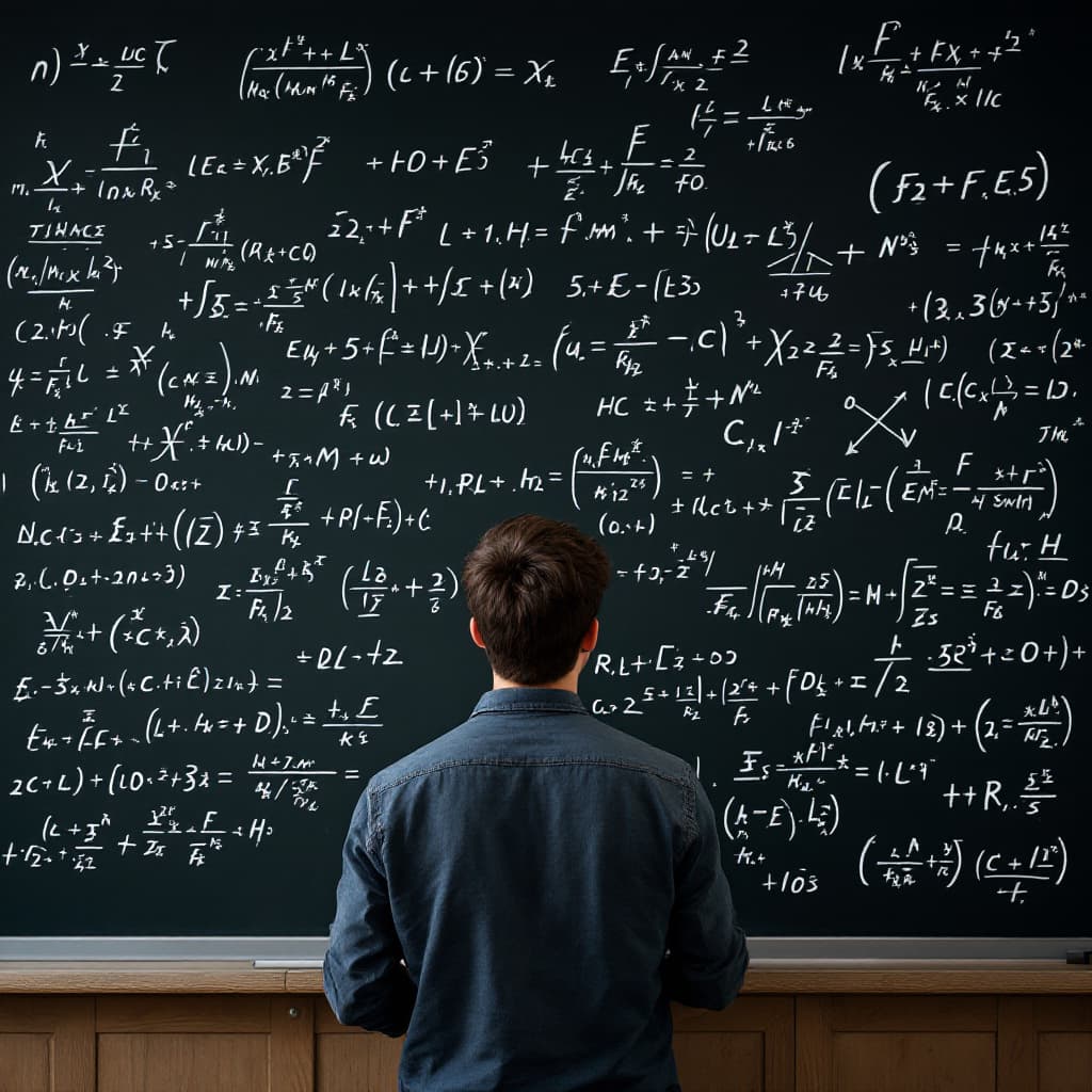 AI generated: Many different formulas are written in white chalk on a black board. A young man of 18 is scrutinizi...