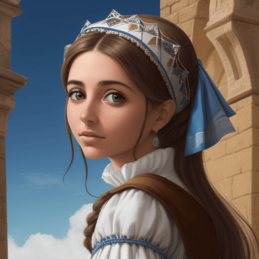 AI generated: muchacha de mirada soñadora mira el cielo con un fondo medieval