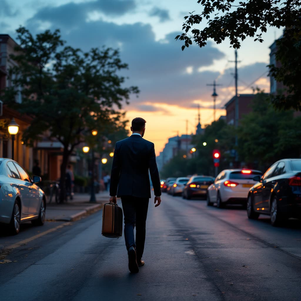AI generated: A young professional walking home in the evening from work in the streets with a laptop bag wearing ...