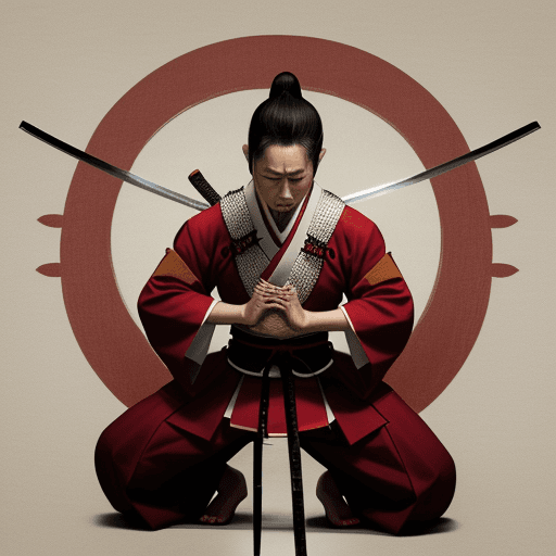 AI generated: A japanese man praying with a samurai sword between his hands. The sword hilt faces up and the blade...