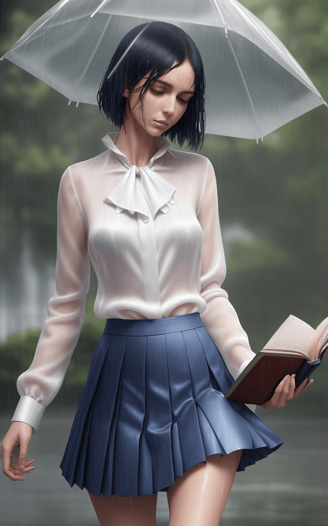 AI generated: a flat skinny woman wearing a wet white silk blouse and pleated blue skirt under the rain in a park,...