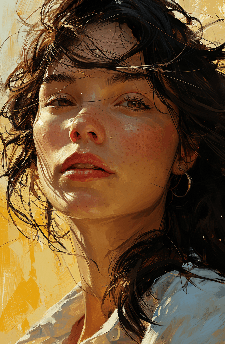 AI generated: an illustration of a woman with long brown hair, in the style of ingrid baars, j. scott campbell, da...