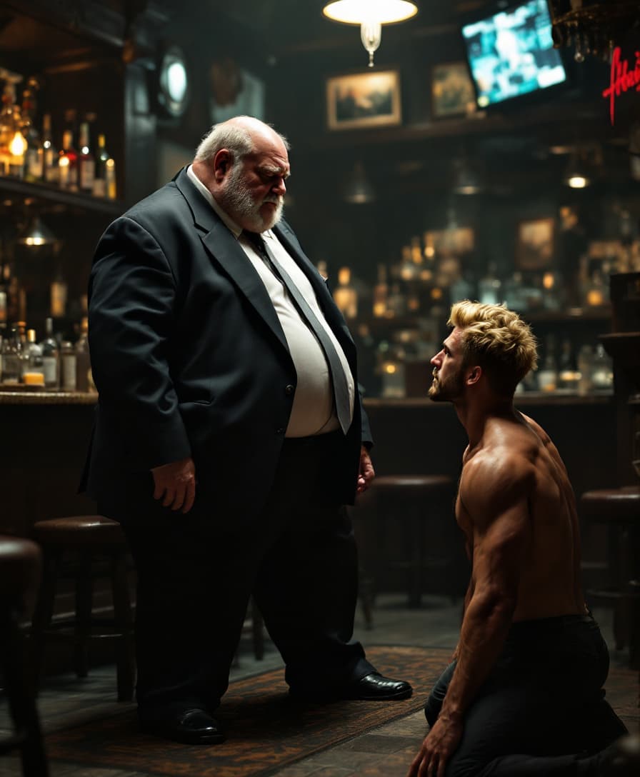 AI generated: high-resolution photo of a fat old man standing, wearing suit and tie,
an extremely muscular, handso...