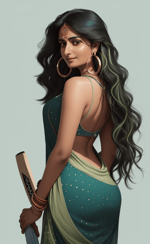 AI generated: A Beautiful Indian woman play cricket, black long hair, looking over her left shoulder with a slight...
