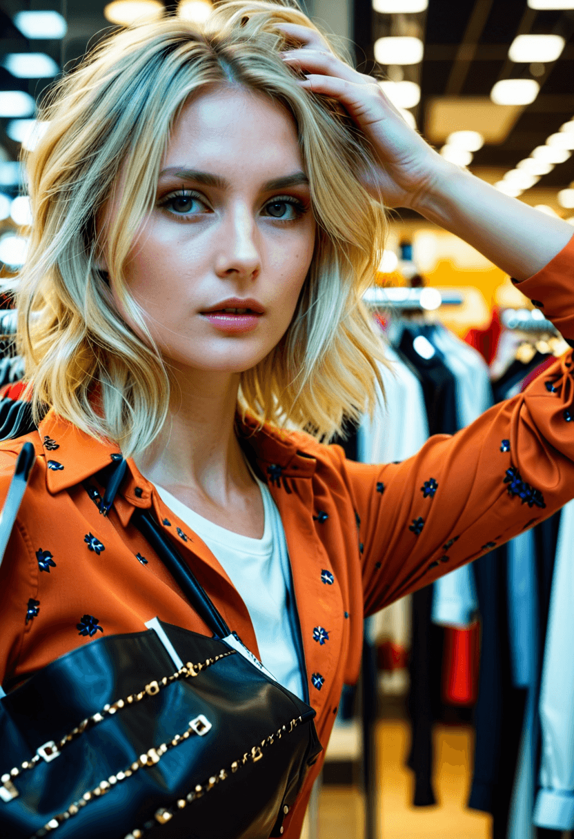 AI generated: cinematic photo highly attractive blonde woman with dark roots is shopping for clothes in a high end...