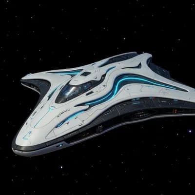 AI generated video: A futuristic white spacecraft traveling forward through deep space, maintaining a perfectly straight...