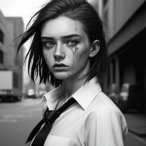 AI generated: a black and white photo of a woman, dress shirt, somewhat androgenic, one model, rugged, sydney, tak...