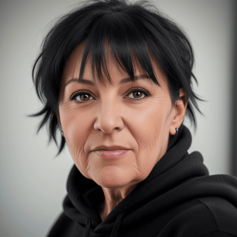 AI generated: hyper realistic headshot photo of a 55 year old woman, wearing a black hoodie, short black hair,  lo...