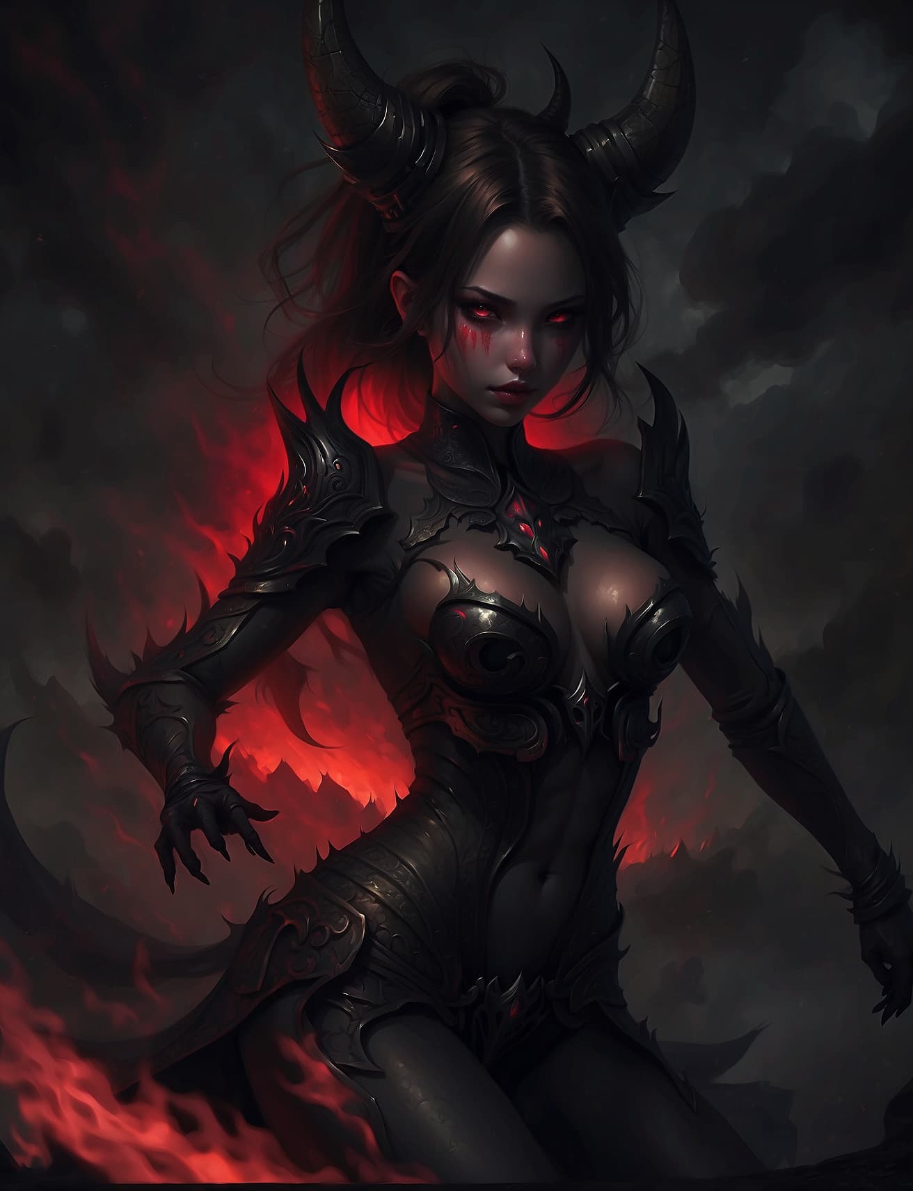 AI generated: "Create a photorealistic image of a striking and terrifying female demon with a perfect body and dem...