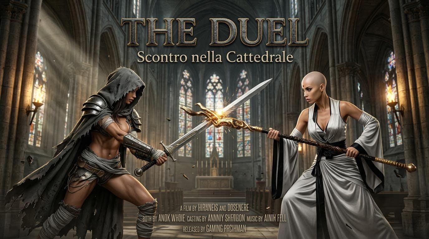 AI generated: crea una specie di poster cinamatografico in 16/9 con questi  personaggi,  che si sfidano in combatt...