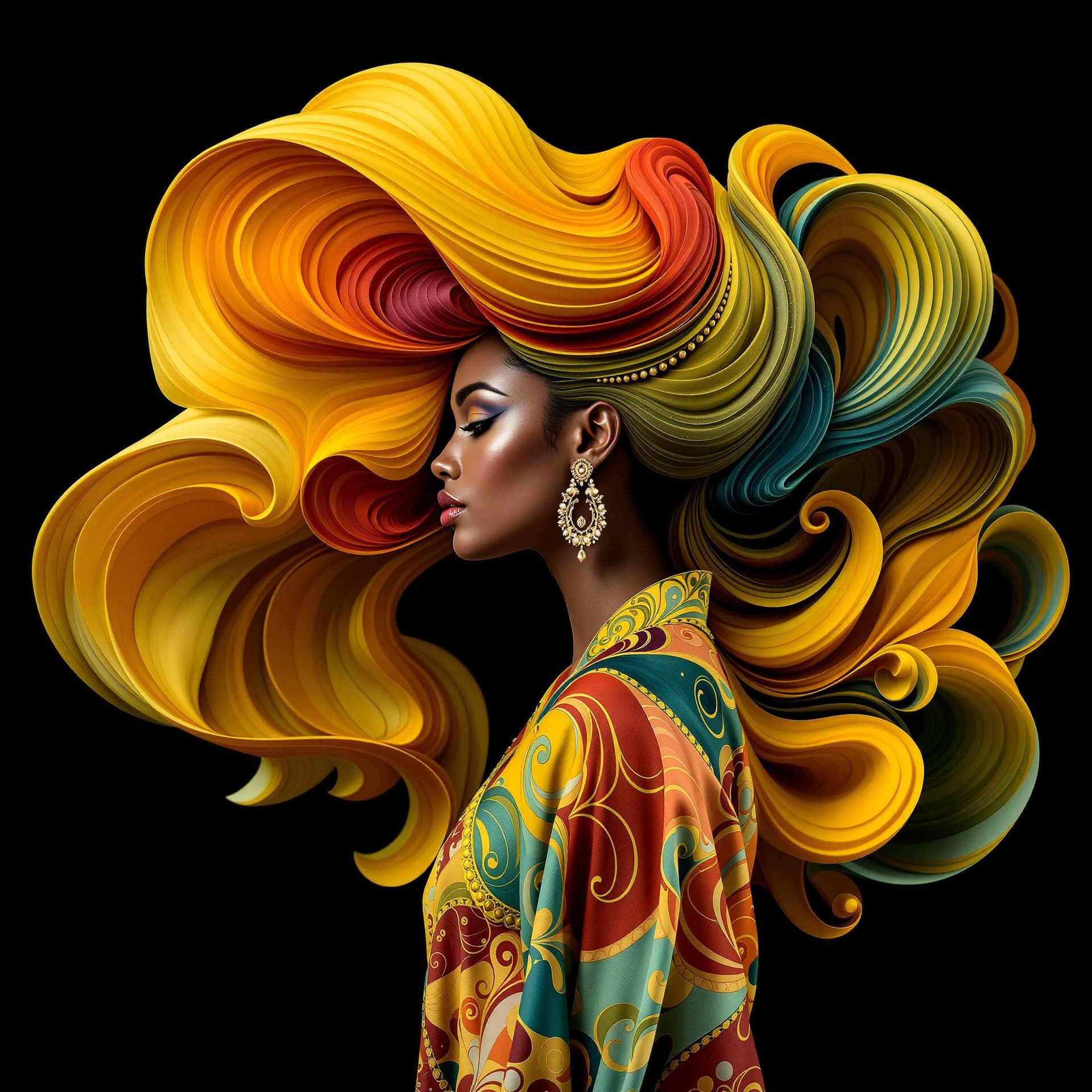 AI generated: Full body of an Indian woman, standing, turn around towards the camera, with a flowing, sculptural h...