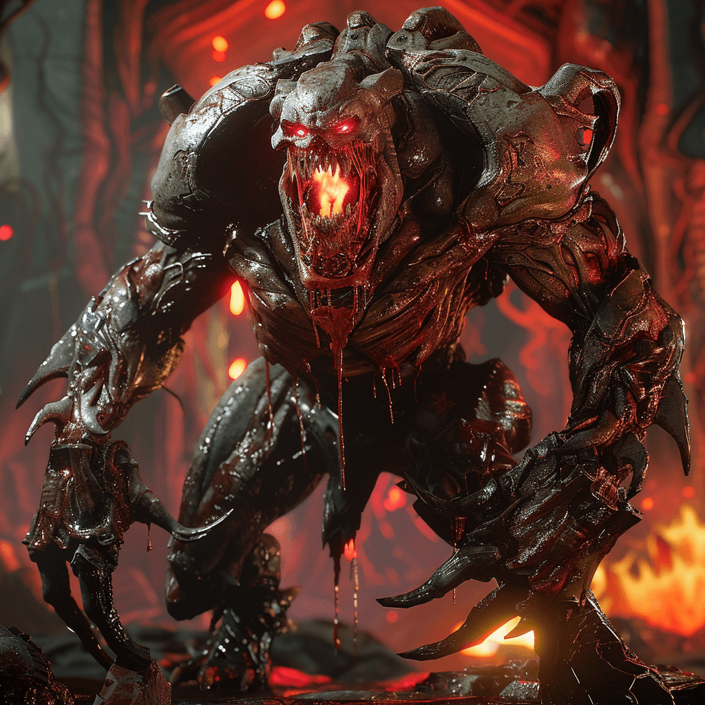 AI generated: Design a fearsome enemy in the style of Doom Eternal. The creature should be a hulking, grotesque de...