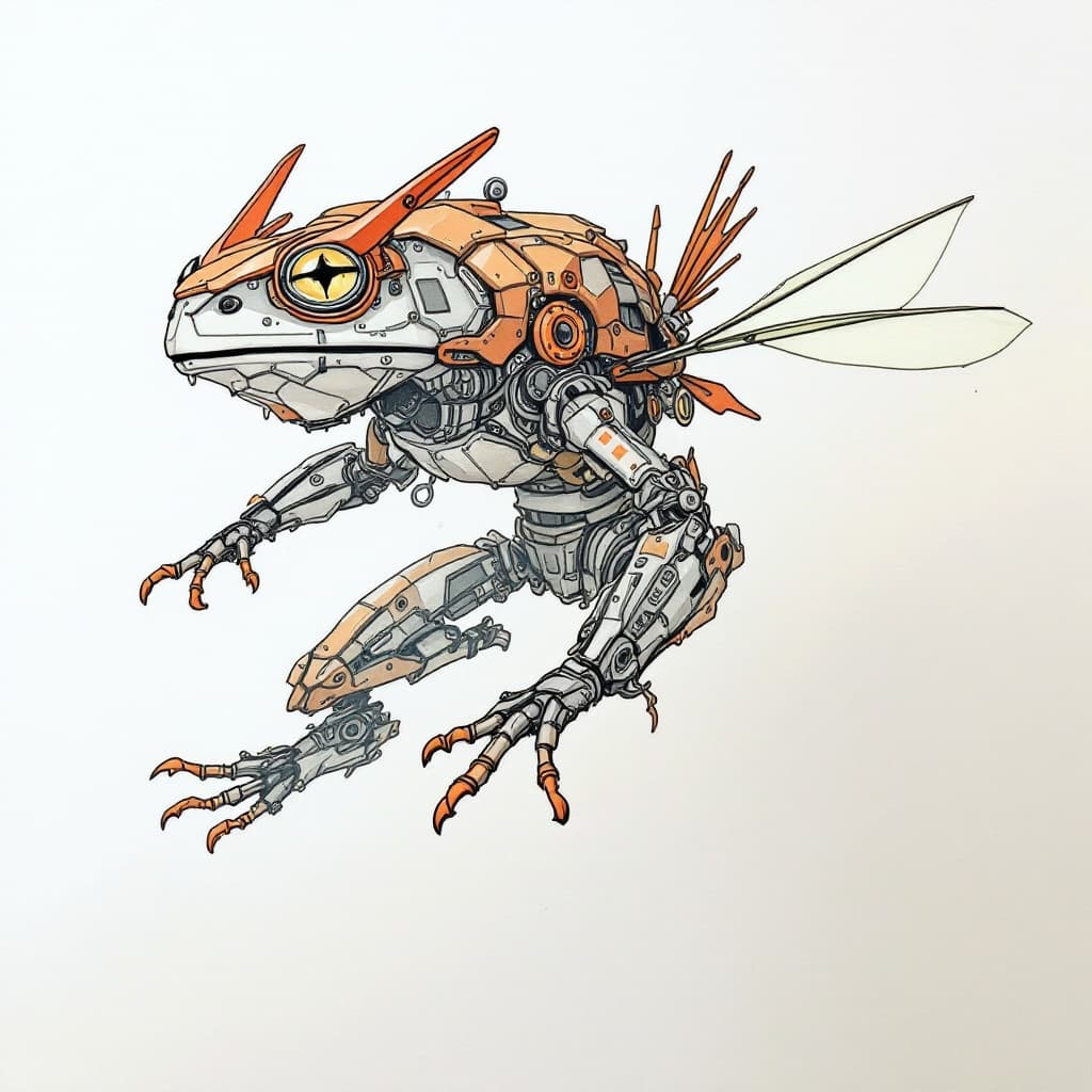 AI generated: Draw me an image of a flying mechanical toad.
