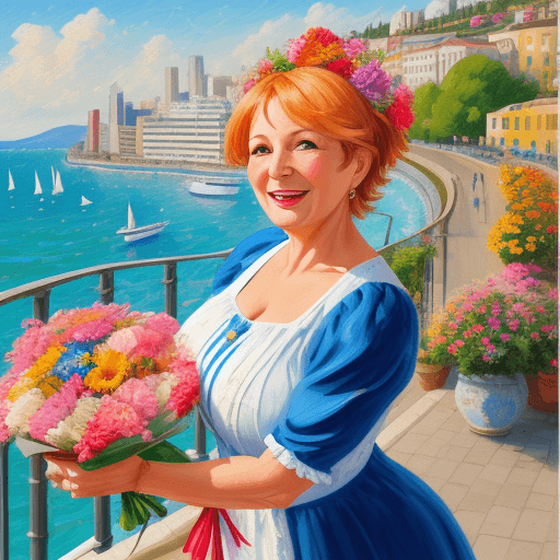 AI generated: Birthday, cheerful curved forty year old woman with flowers and gifts on embankment, sunny day, Yalt...