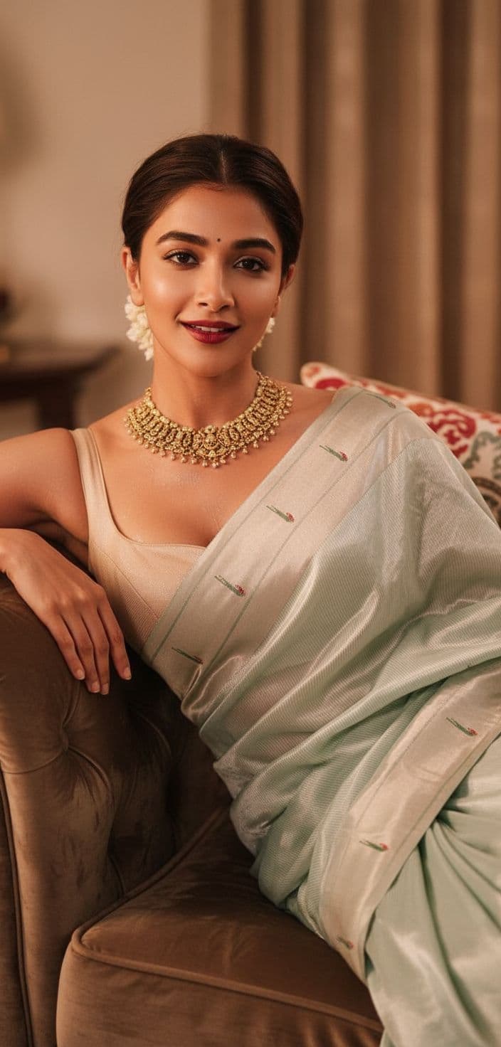 AI generated: Make her wear a gold chain sitting on a couch qith full hotness overloaded .. curves should be more ...