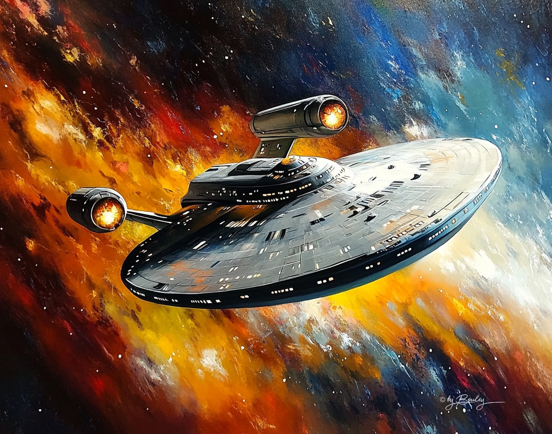 AI generated: In the artistic style of artist Alan Bean a painting of the Star Trek USS Enterprise NCC-1701, flyin...