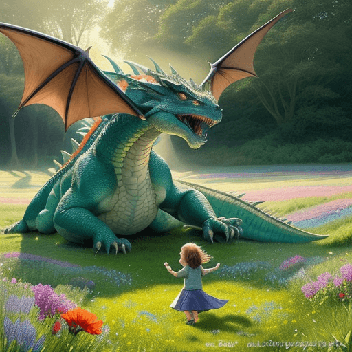 AI generated: A small child joyfully playing with a colossal dragon amidst a meadow bursting with vibrant flowers,...