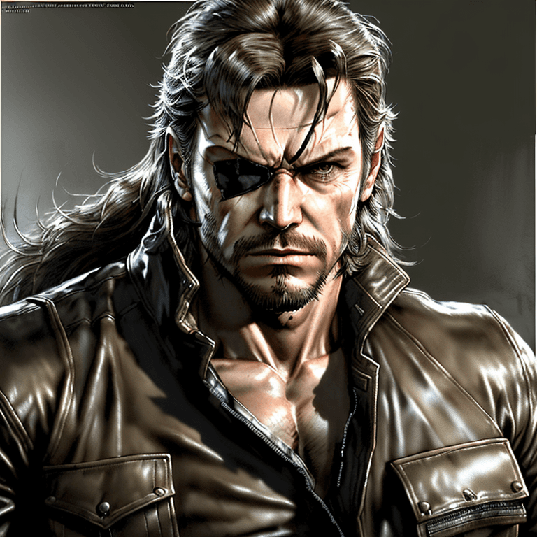 AI generated: big boss metal gear solid, ultra high quality, portrait, Rambo, leather jacket x men style rock long...