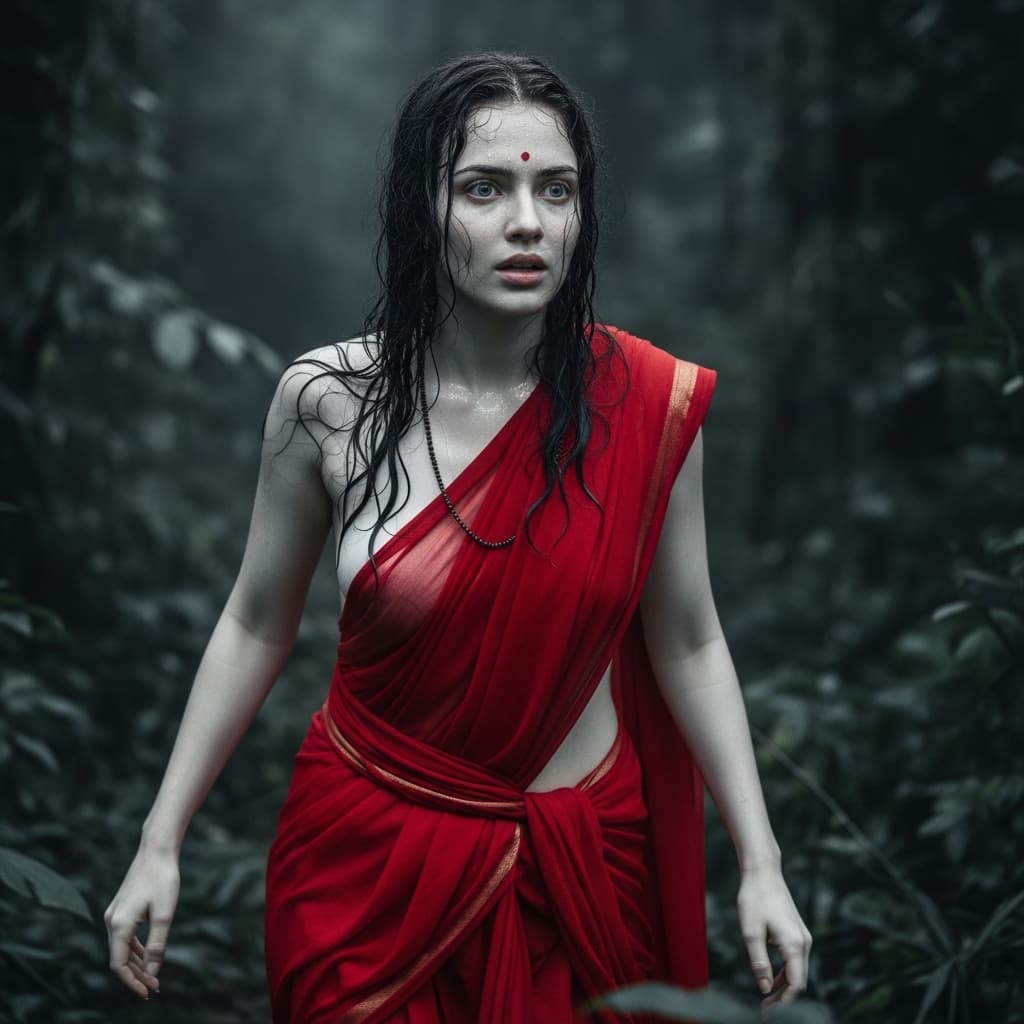 AI generated: A ancient Hindu girl kirti sanon milky body , wearing saree , drenched in sweat , in jungle , dark t...