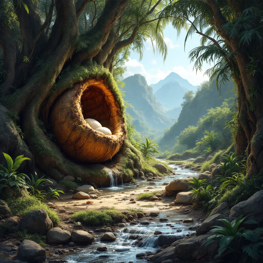 AI generated: coconut embeded into  a mountain with stream flowing 