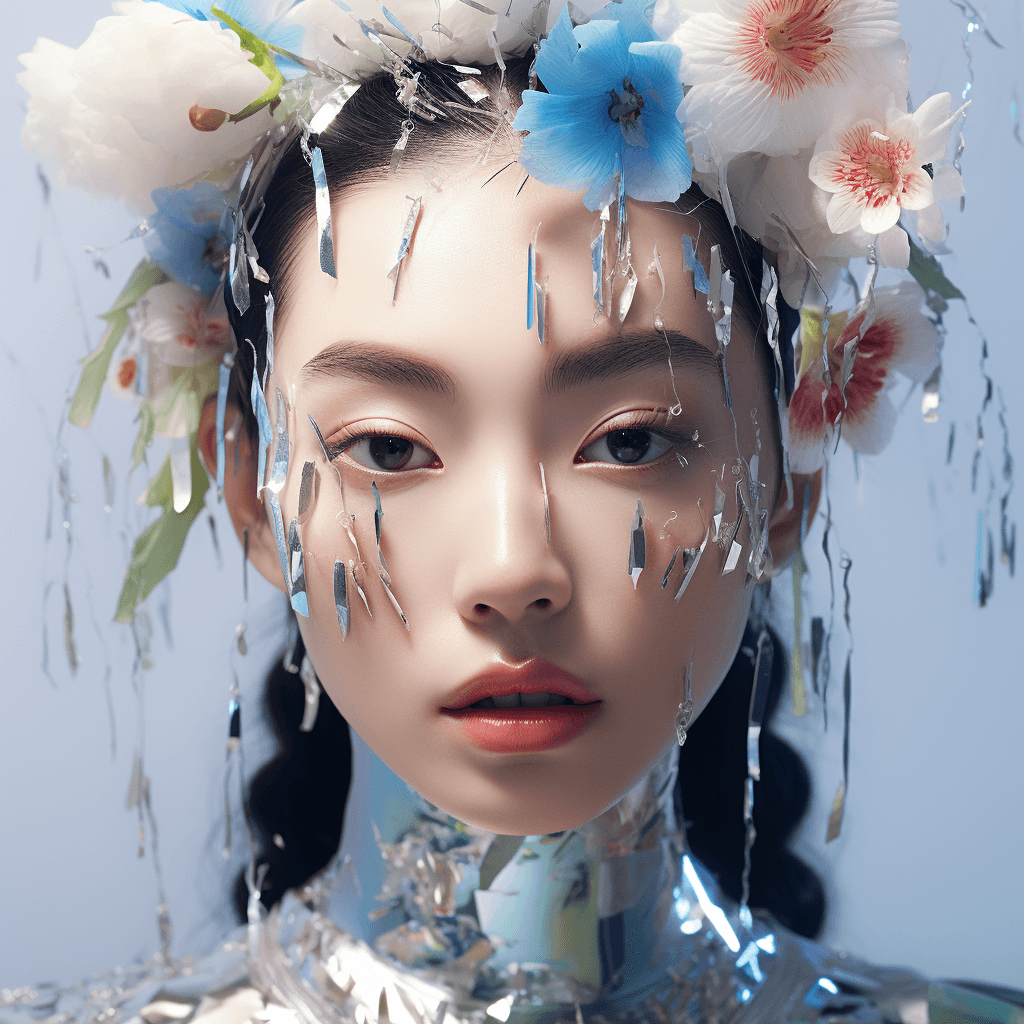 AI generated: beautiful Chinese model, fashion colorful makeup, a metallic sheen on the face, Shed tears, white an...