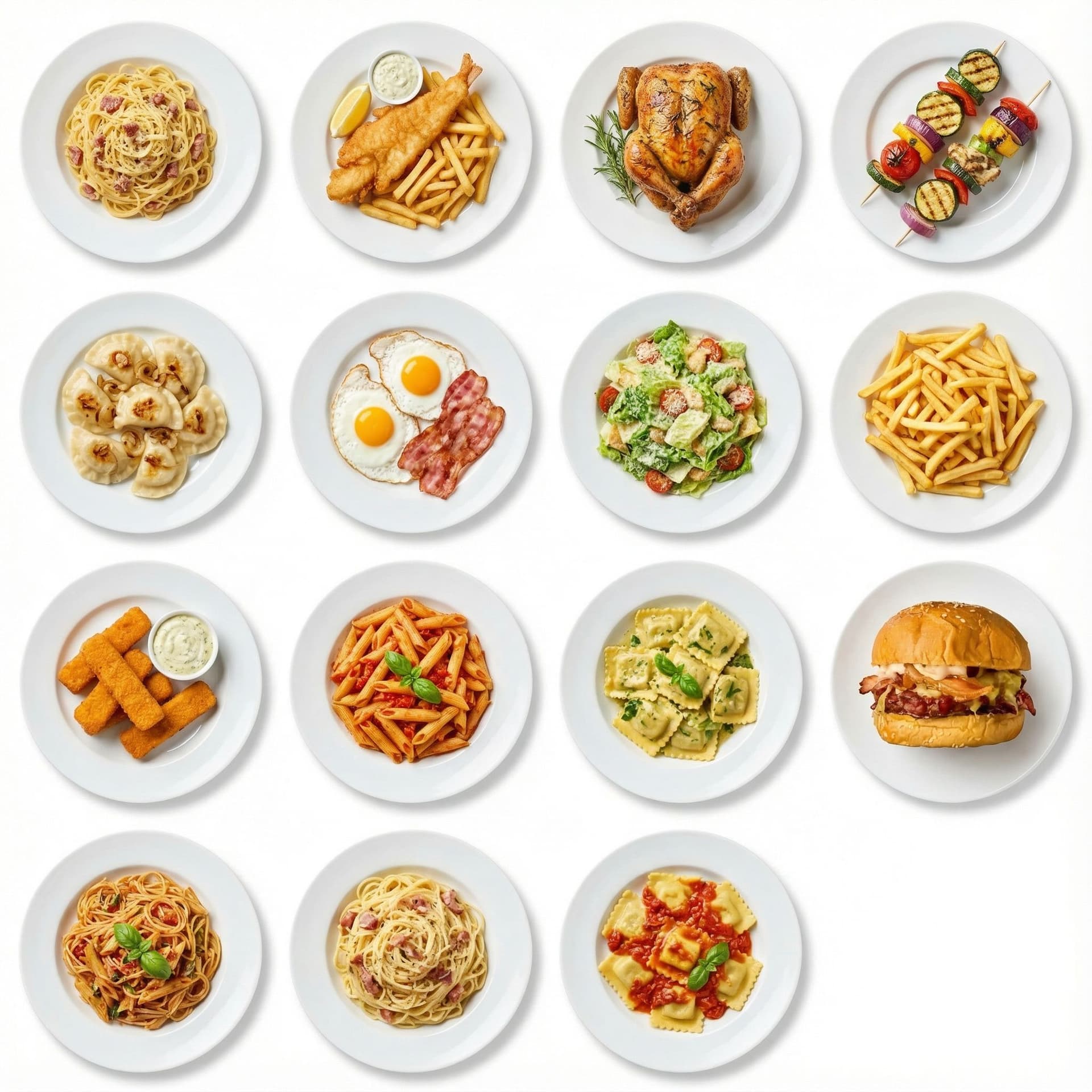 AI generated: Assorted food plates, overhead view, various cuisines, high-angle shot, studio lighting, white backg...