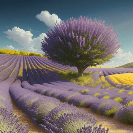 AI generated: a train drives through a lavender field, in the style of ethereal trees, dark yellow and azure, maje...