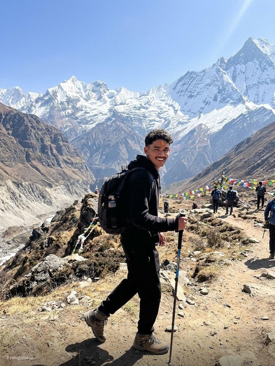 AI generated: A slim guy walking traking in a nepal moutain 