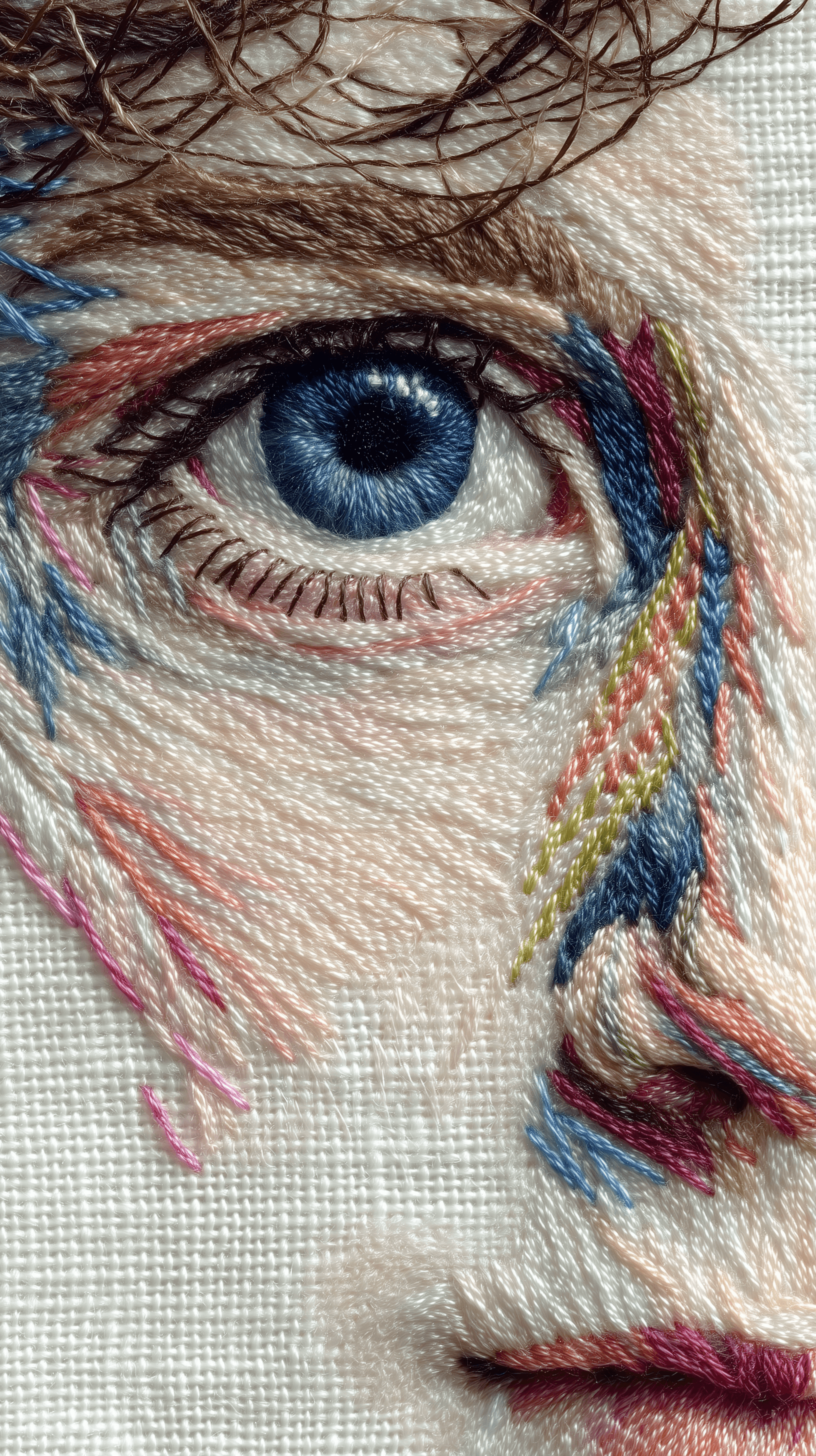 AI generated: art, portrait, textile, close-up, child's face, delicately crafted white fabric, stitching, realisti...