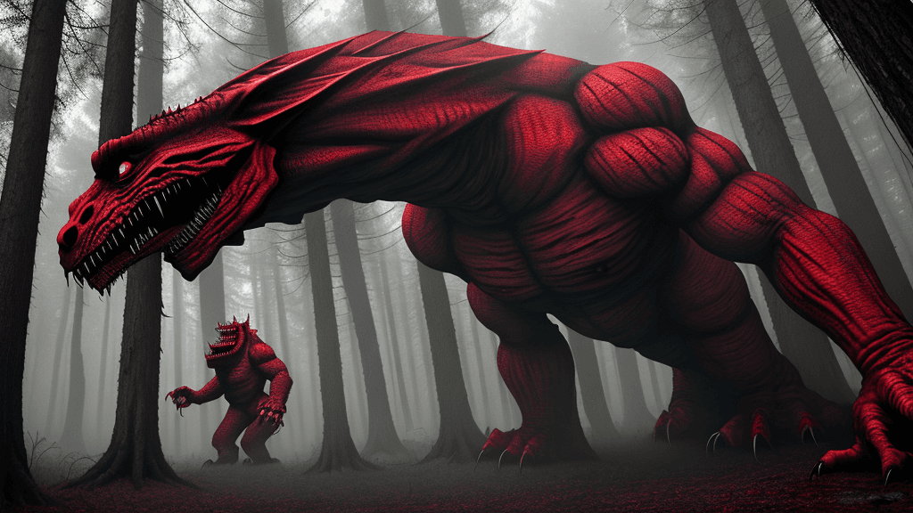 AI generated: scary large monsters in the forest, dimons, red and gray theme
