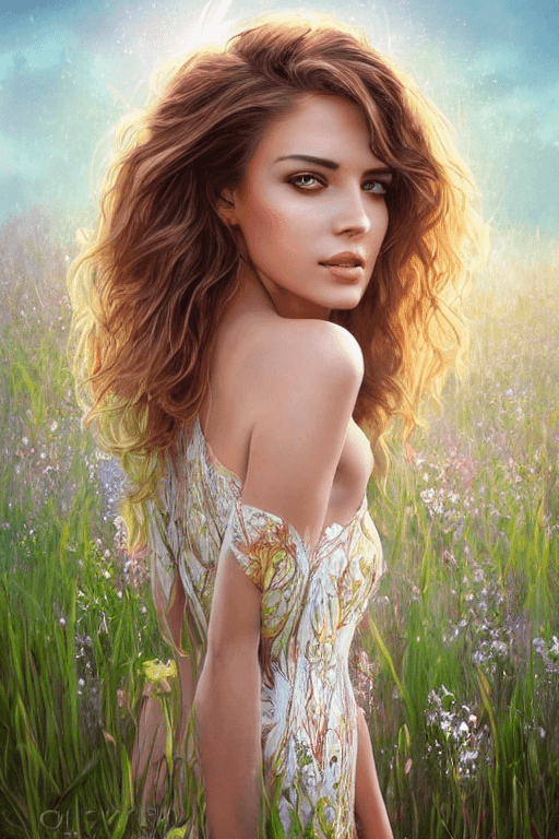 AI generated: style of hyperrealistic full length portrait of gorgeous goddess | standing in field full of flowers...