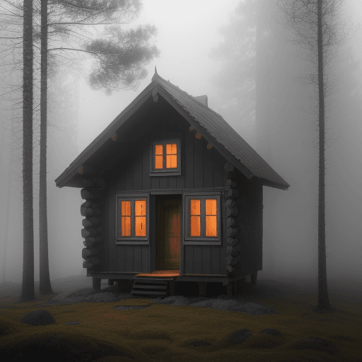 AI generated: photo of a small wooden house in the middle of a forest in sweden, moody, morning fog